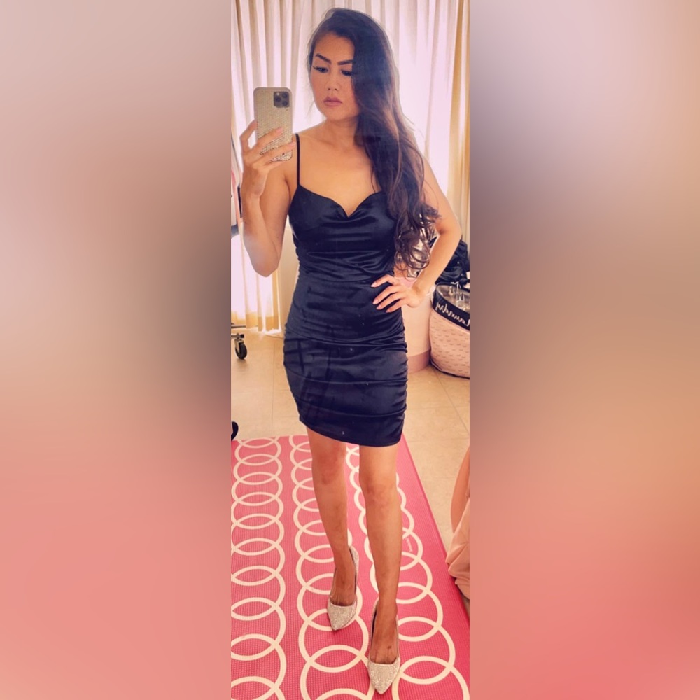 Windsor Black Spaghetti Strap Backless Party Mini Dress with Ruching & Cowl Neck